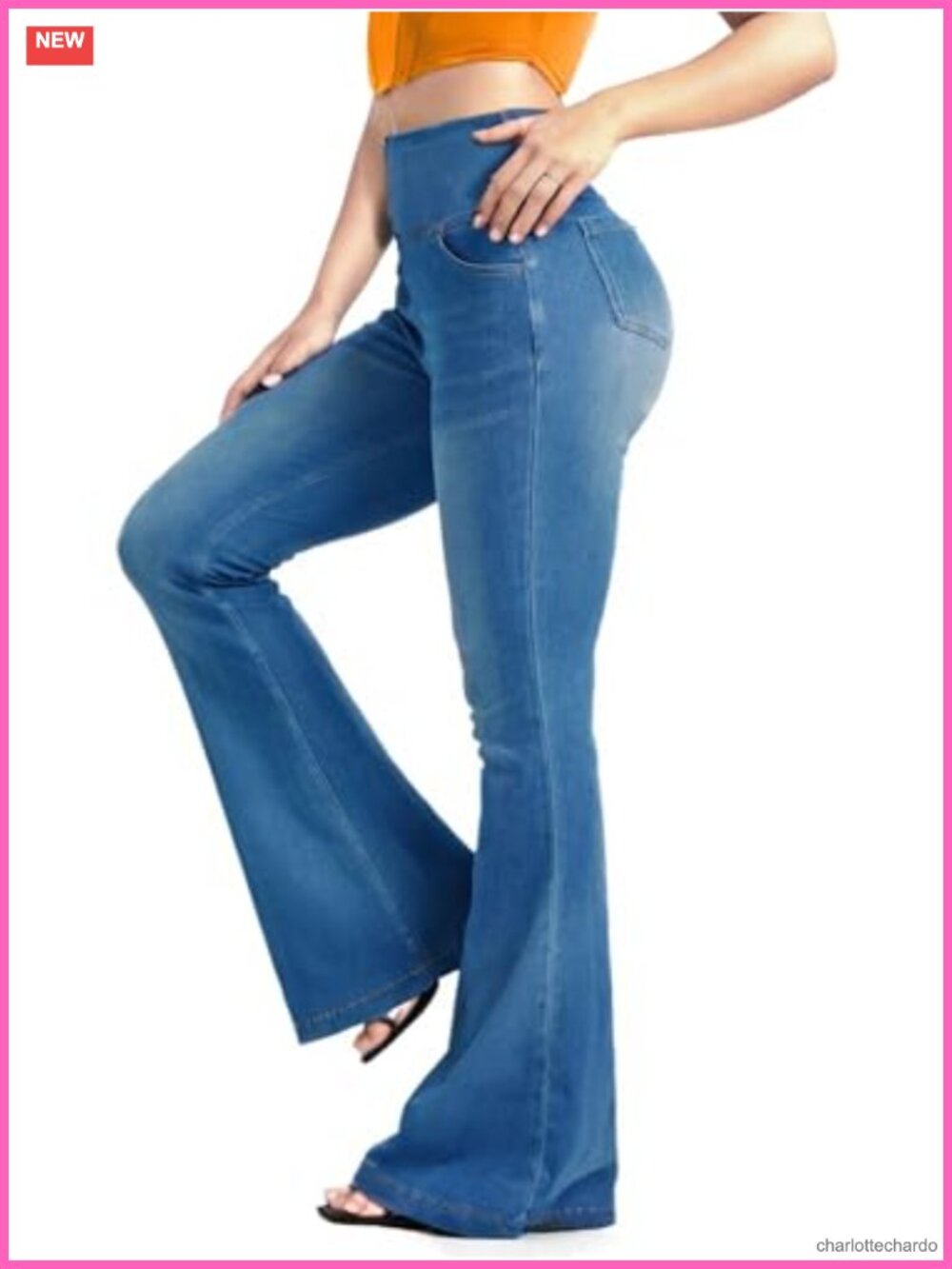 Knit Stretchy Flare Jeans High Waisted Pull On Bell Bottom Pants